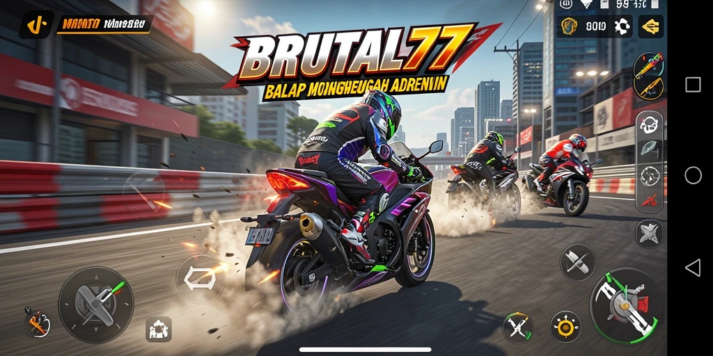Screenshot gameplay BRUTAL77 menampilkan aksi balap motor yang mendebarkan.