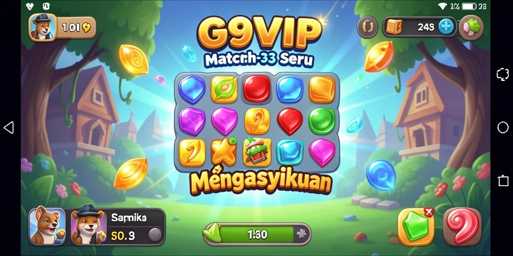 Tangkapan layar utama G9VIP yang memperlihatkan aksi gameplay Match-3 yang seru.