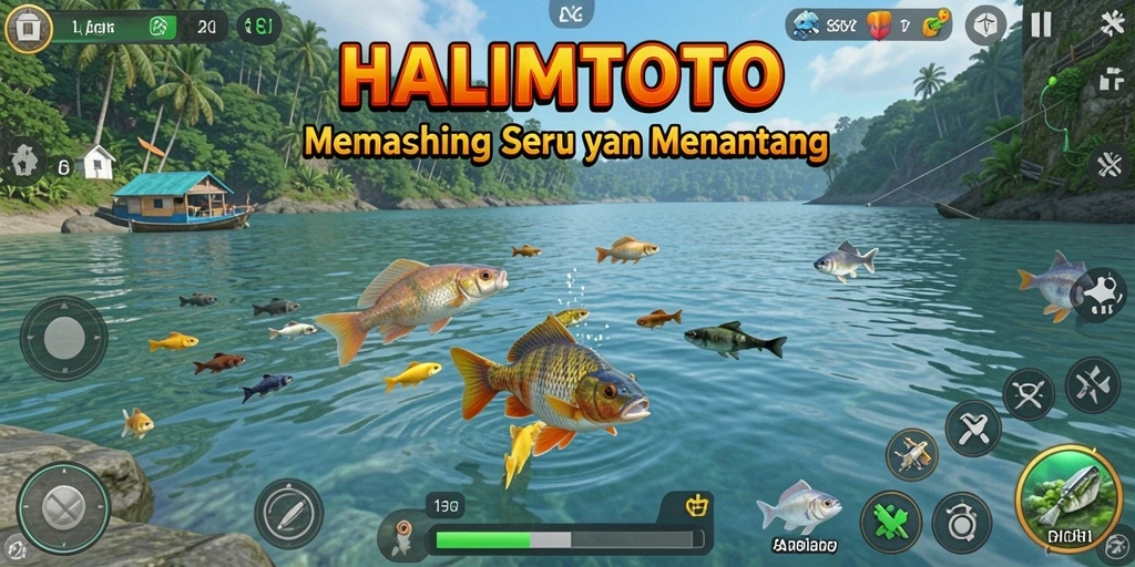 Gameplay memancing seru di HALIMTOTO dengan latar belakang yang menawan.