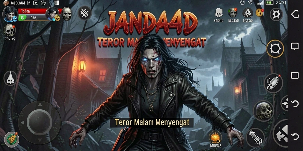 Gameplay JANDA4D menampilkan momen-momen menegangkan dalam suasana kegelapan.