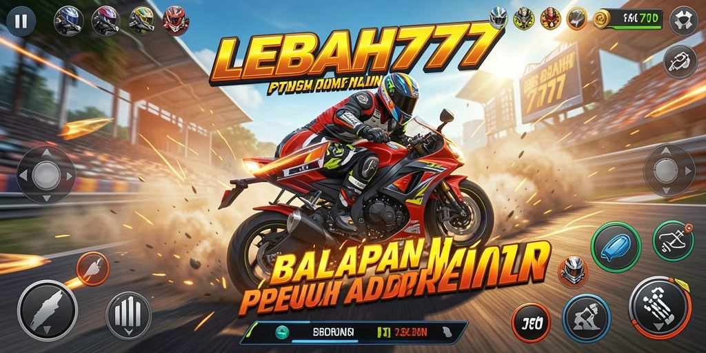 Tampilan utama gameplay LEBAH777 yang menegangkan dengan motor balap.