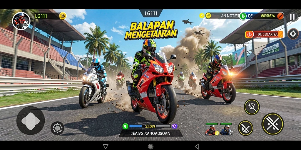 Screenshot utama LG111 menampilkan aksi balapan motor yang mendebarkan.