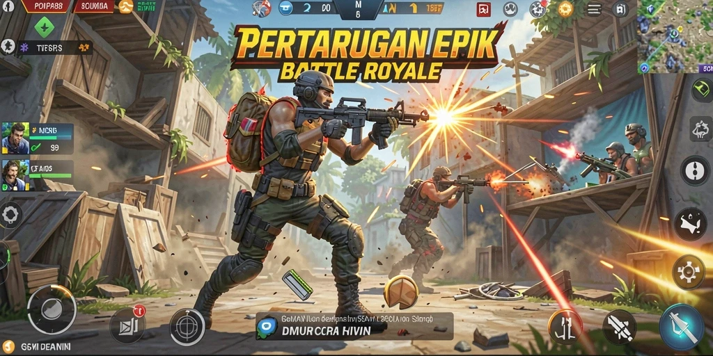 Screenshot dari gameplay POMPA88 yang menampilkan aksi Battle Royale yang seru.