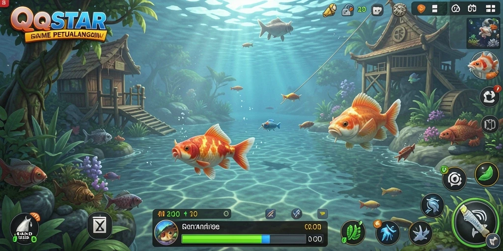 Screenshot utama QQSTAR menampilkan pemain menangkap ikan dengan latar belakang alam yang indah.