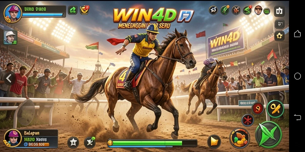 Screenshot gameplay WIN4D dengan mobil balap di lintasan menantang.
